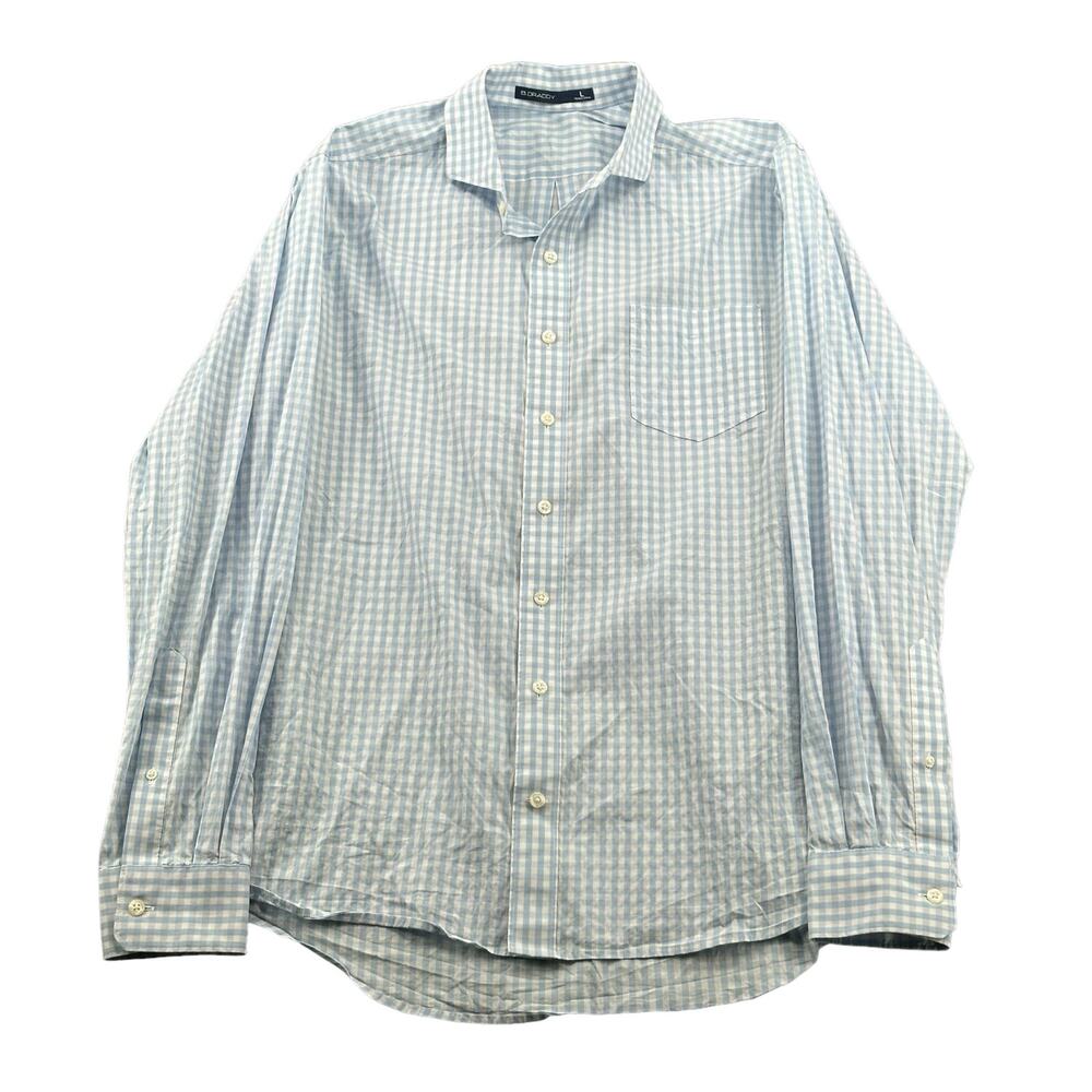 B Draddy Shirt Mens Large Blue Gingham Button Up Long Sleeve Stretch Preppy Work